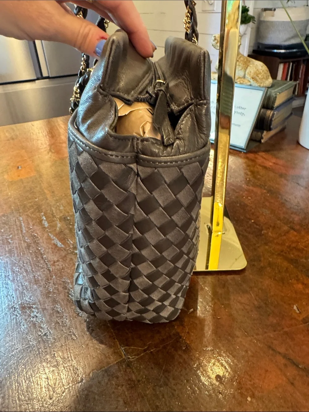 Bally Charcoal Woven Shoulder Bag with Gold Chain Detail